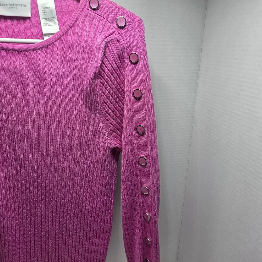Women's Liz Claiborne Petite Pink Ribbed Crew Neck Sweater LP - Picture 2 of 7